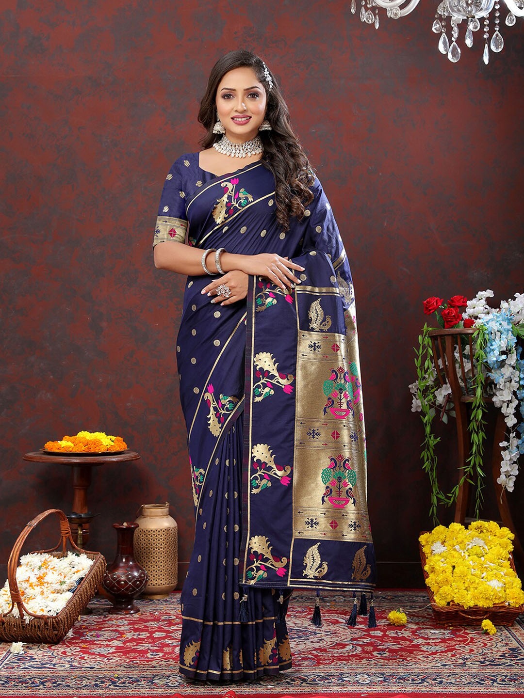 

MARGI DESIGNERS Ethnic Motifs Woven Design Zari Art Silk Paithani Saree, Navy blue