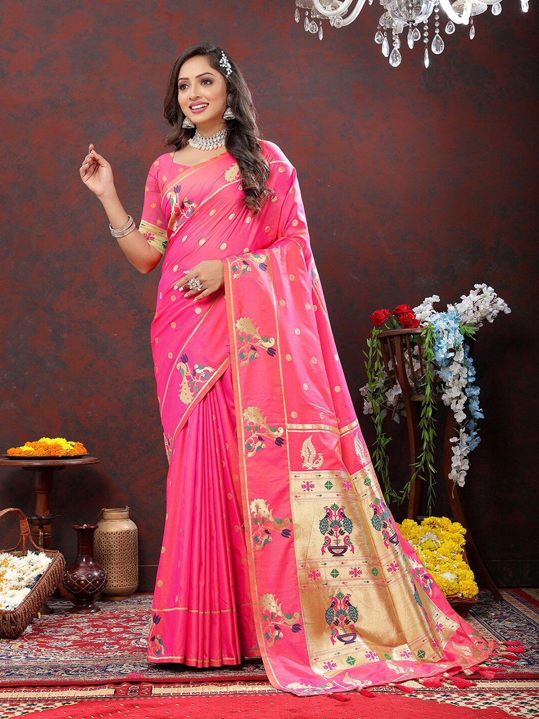 

MARGI DESIGNERS Ethnic Motifs Woven Design Zari Art Silk Paithani Saree, Peach