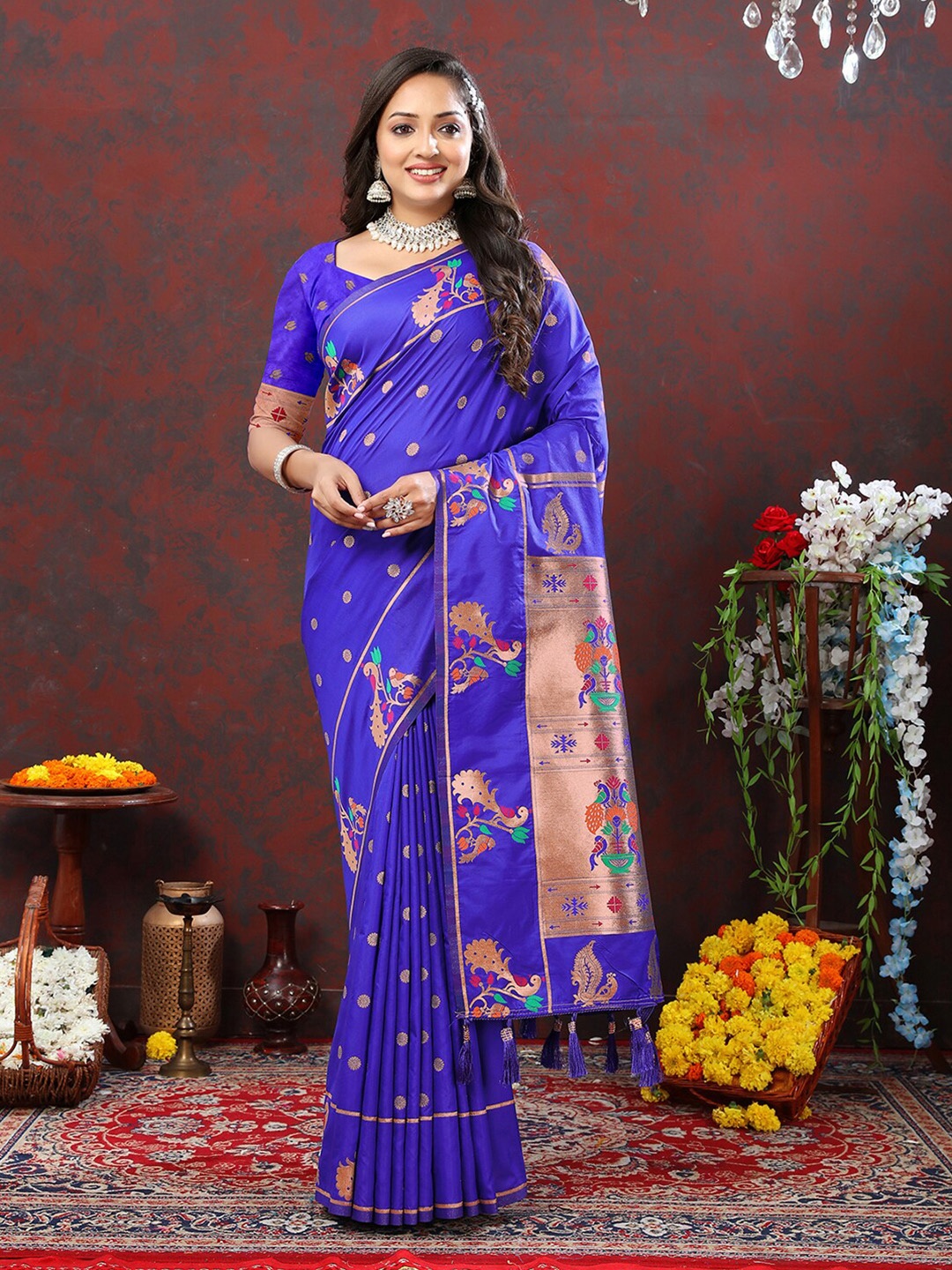

MARGI DESIGNERS Ethnic Motifs Woven Design Zari Art Silk Paithani Saree, Blue