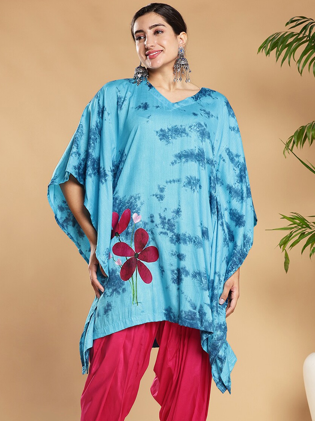 

LetsDressUp Floral Printed V-Neck Flared Sleeves Kaftan Kurti, Blue