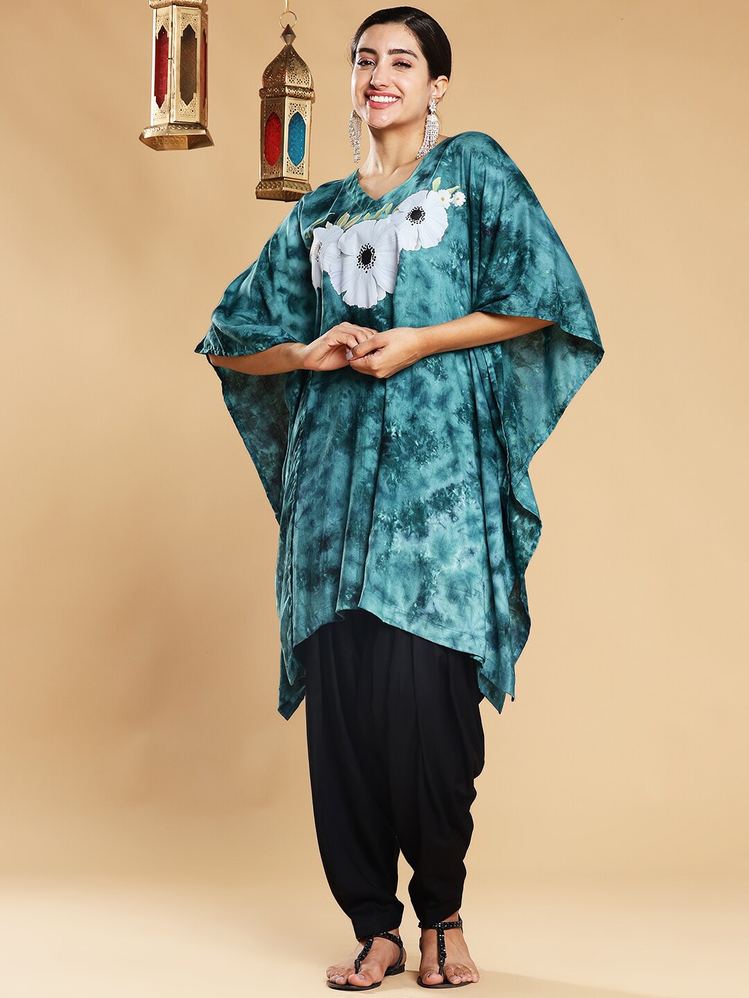 

LetsDressUp Printed V-Neck Flared Sleeves Kaftan Kurti, Sea green