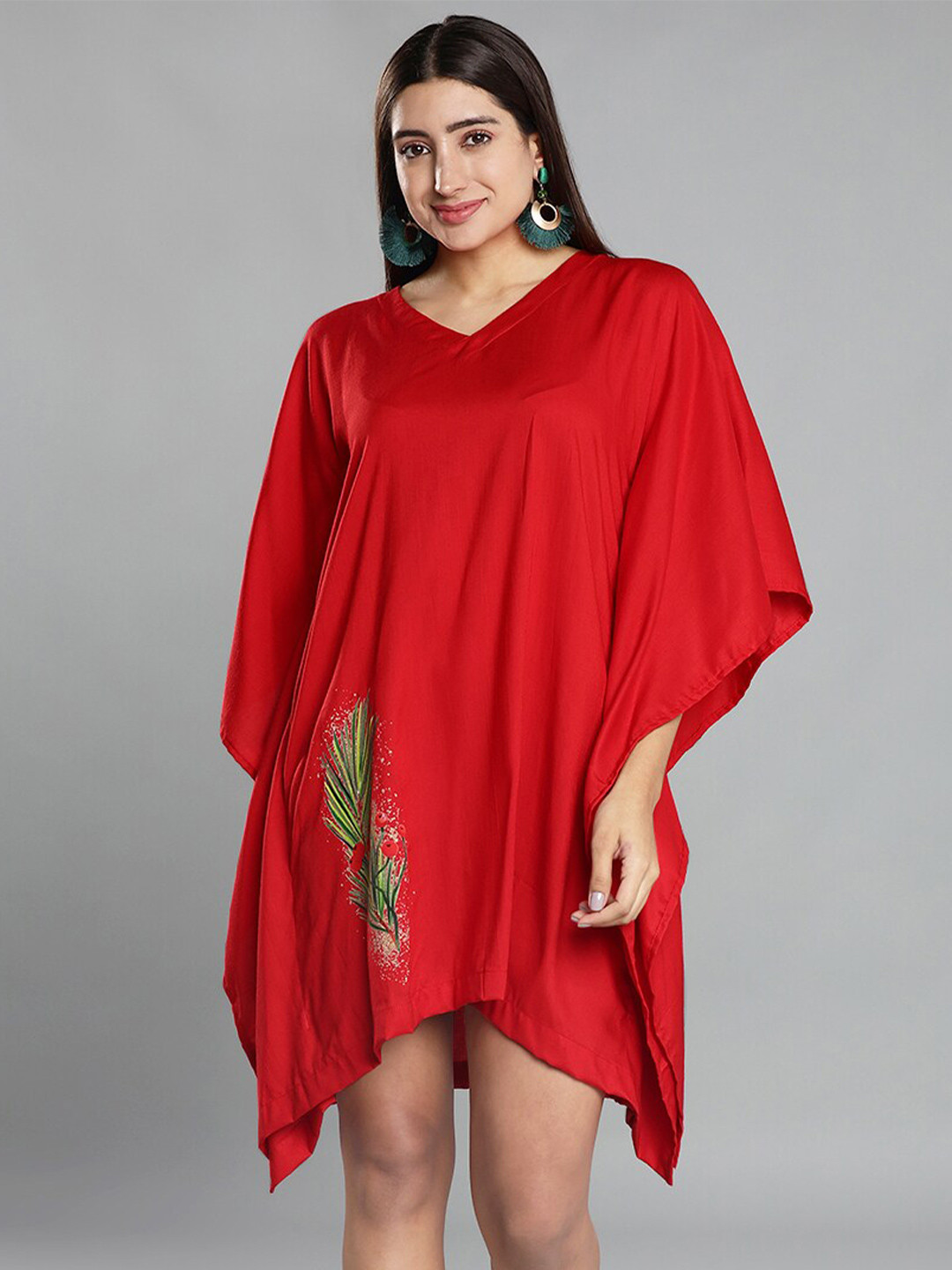 

LetsDressUp Floral Printed V-Neck Kimono Sleeves Kaftan Dress, Red
