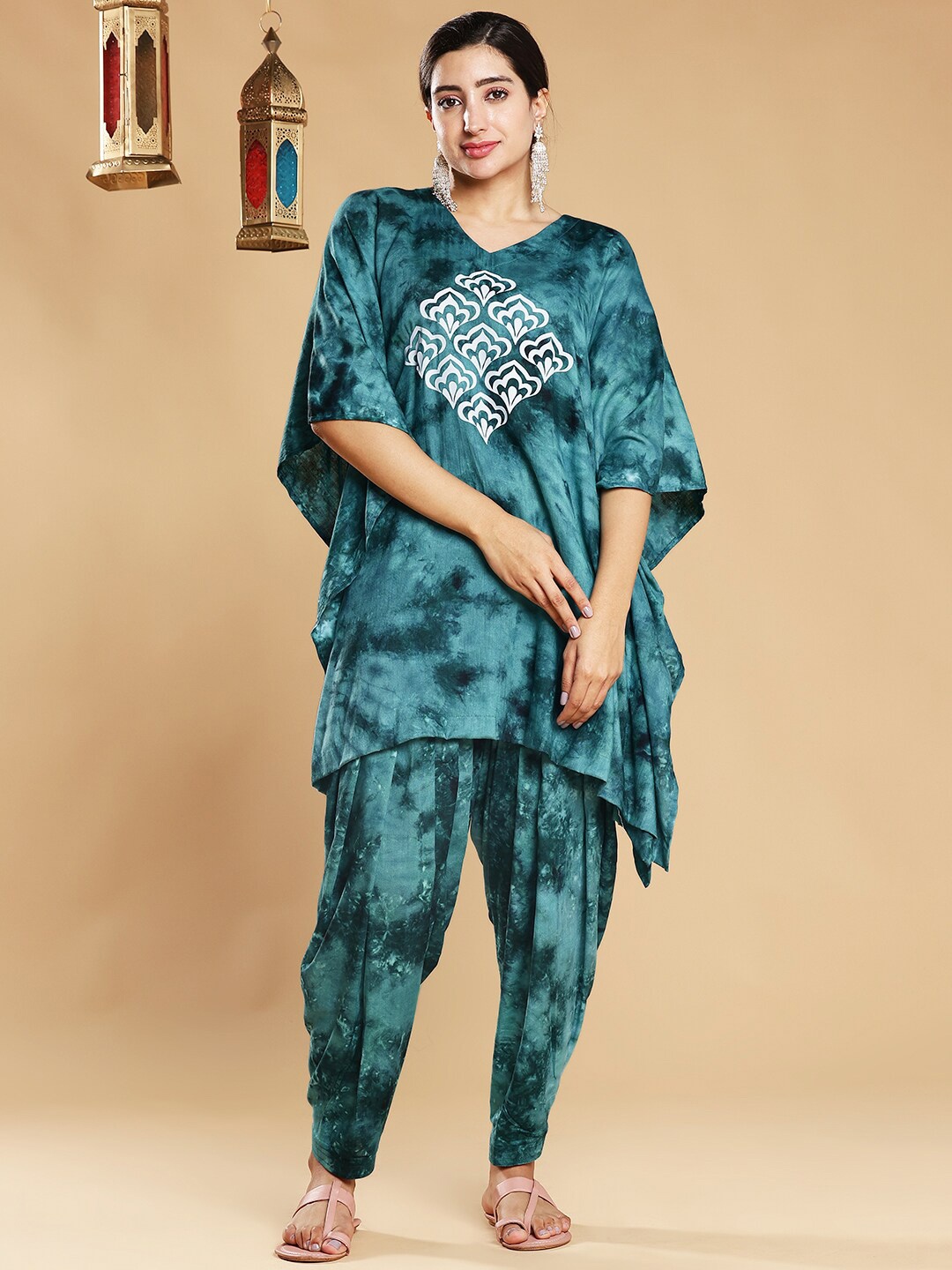 

LetsDressUp Printed V-Neck Flared Sleeves Kaftan Kurti, Sea green