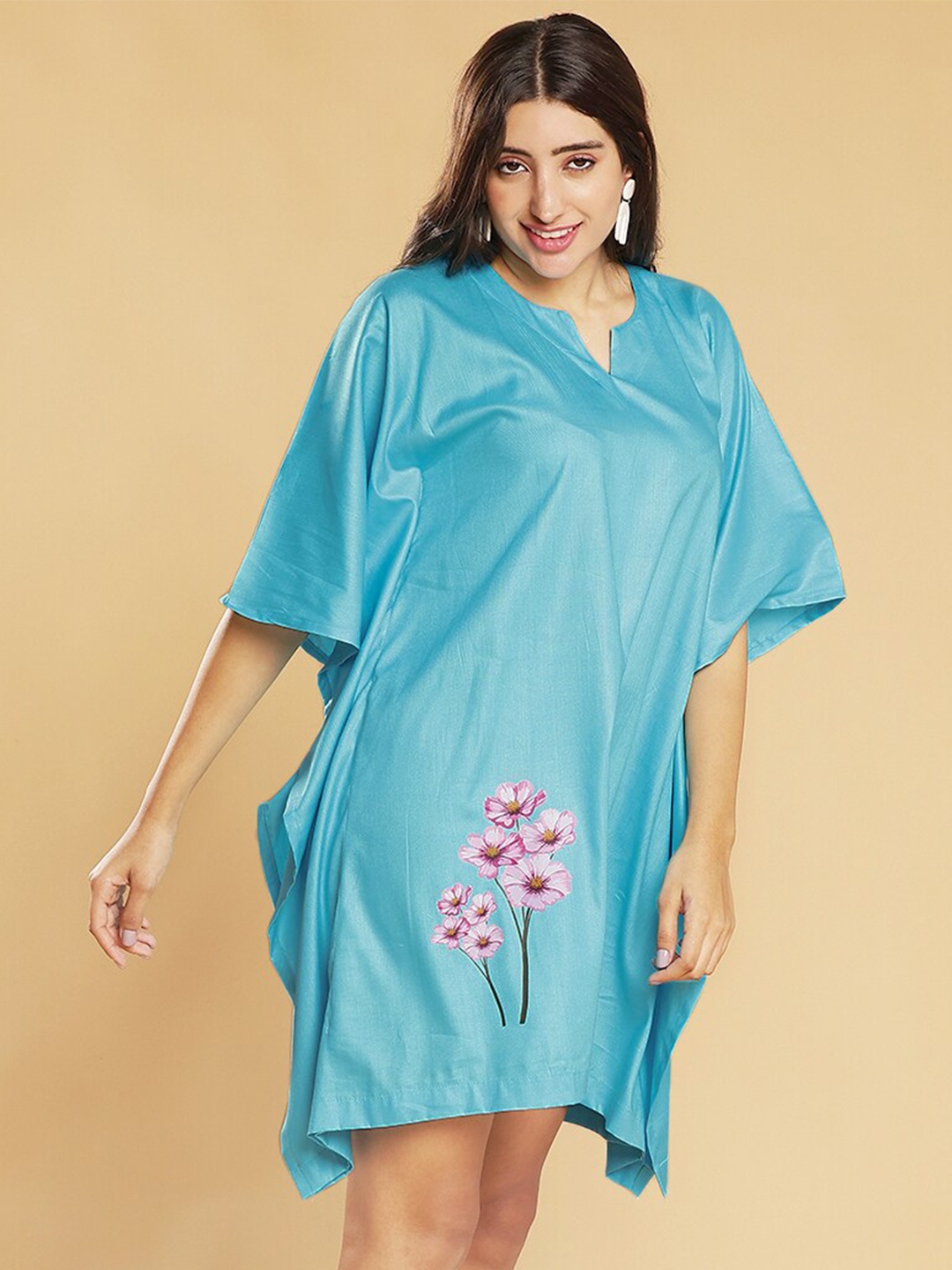 

LetsDressUp Floral Printed V-Neck Kimono Sleeves Kaftan Dress, Turquoise blue