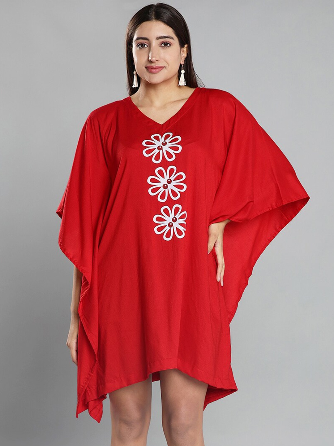

LetsDressUp V-Neck Floral Printed Kimono Sleeves Kaftan Dress, Red