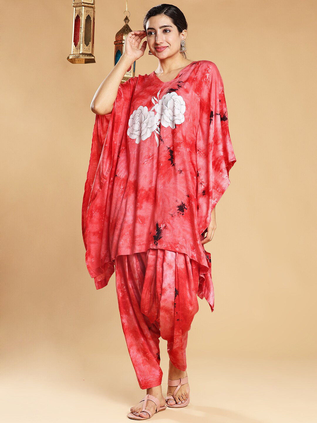 

LetsDressUp Printed V-Neck Flared Sleeves Kaftan Kurti, Red