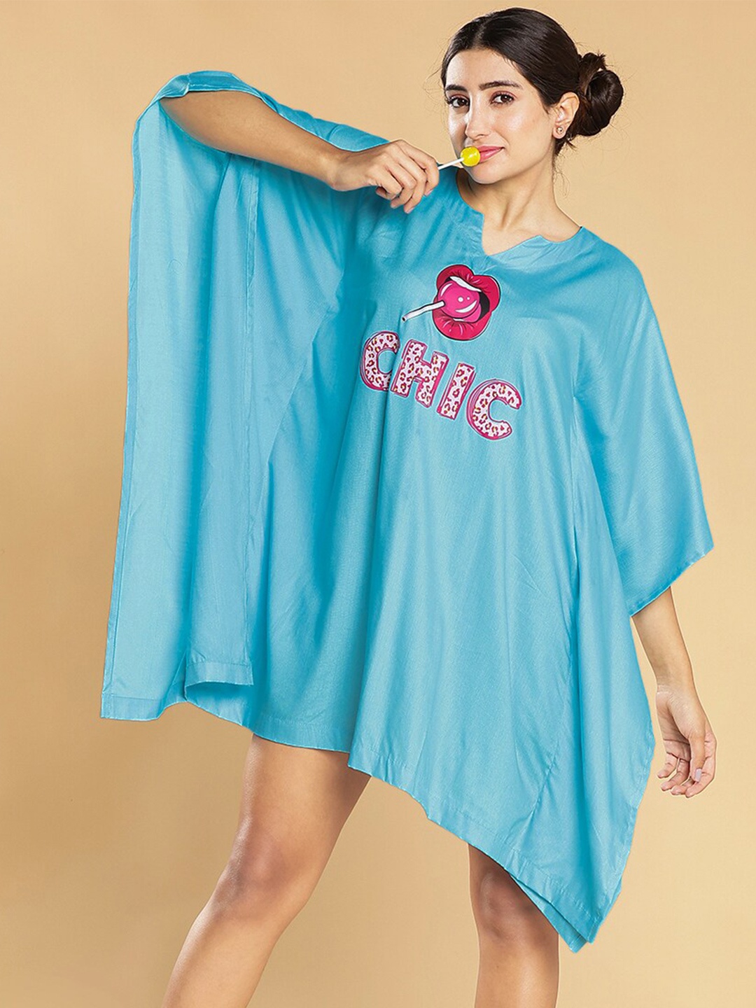 

LetsDressUp Notch Neck Typography Printed Kaftan Dress, Turquoise blue