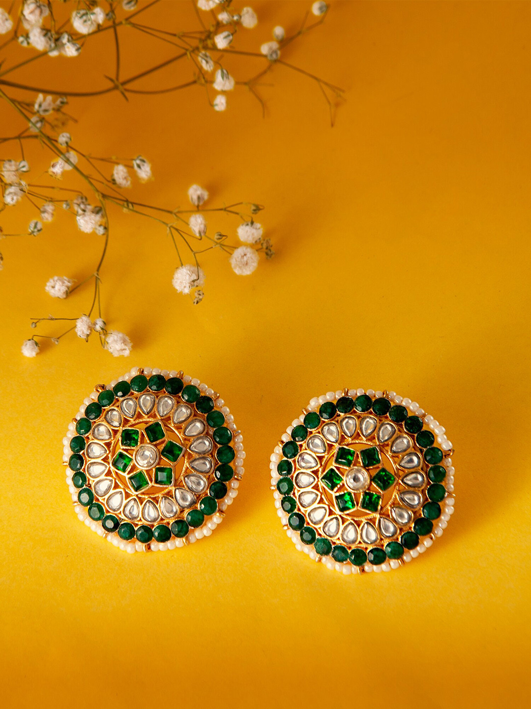 

Neeta Boochra Gold Plated 925 Sterling Silver Kundan Studded Contemporary Studs Earrings, Green