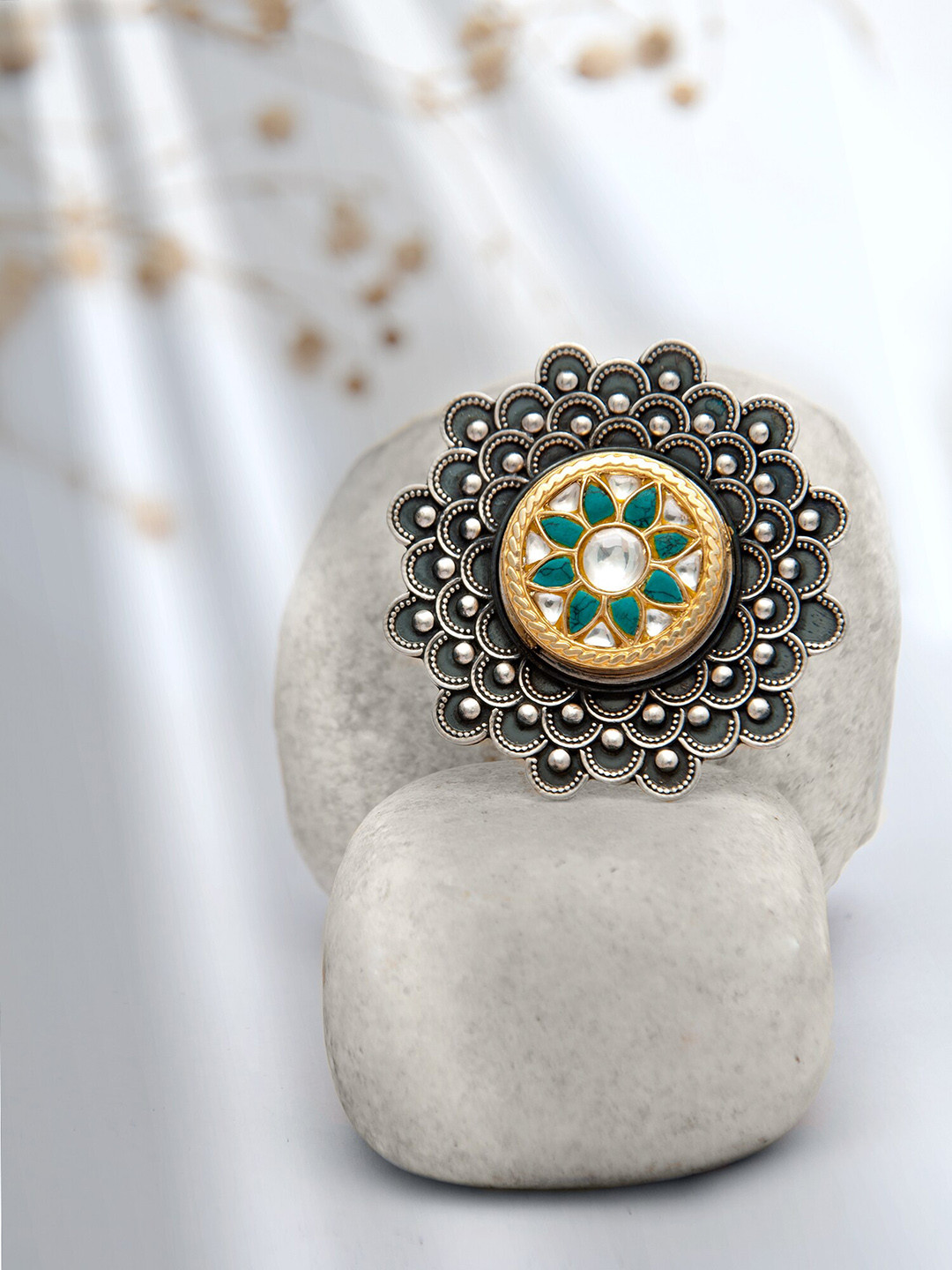 

Neeta Boochra 925 Sterling Silver 22K Gold-Plated Kundan Studded Adjustable Finger Ring