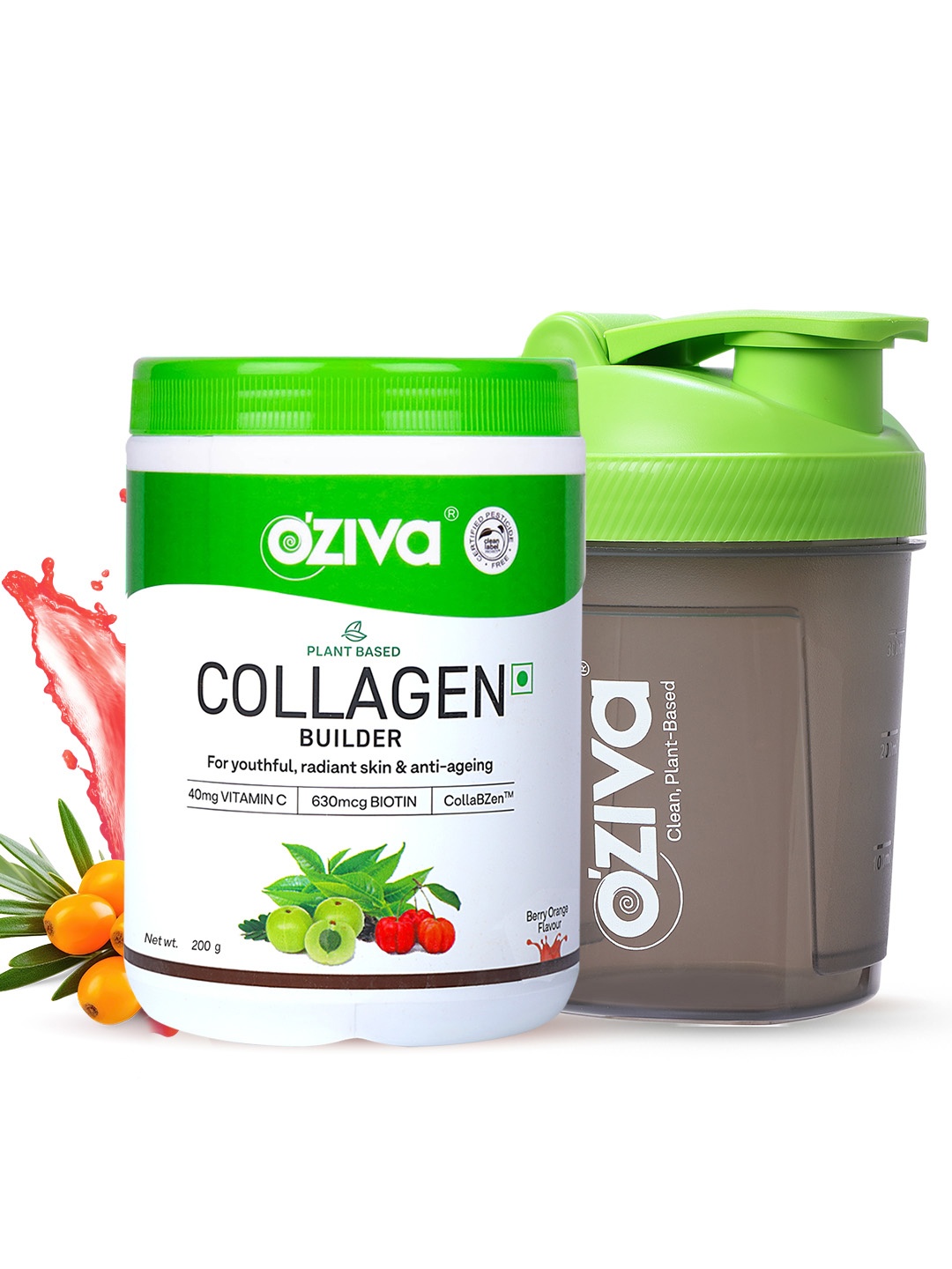 

OZiva Plant Based Collagen Builder Powder With Shaker - 250g - Berry Orange, Green