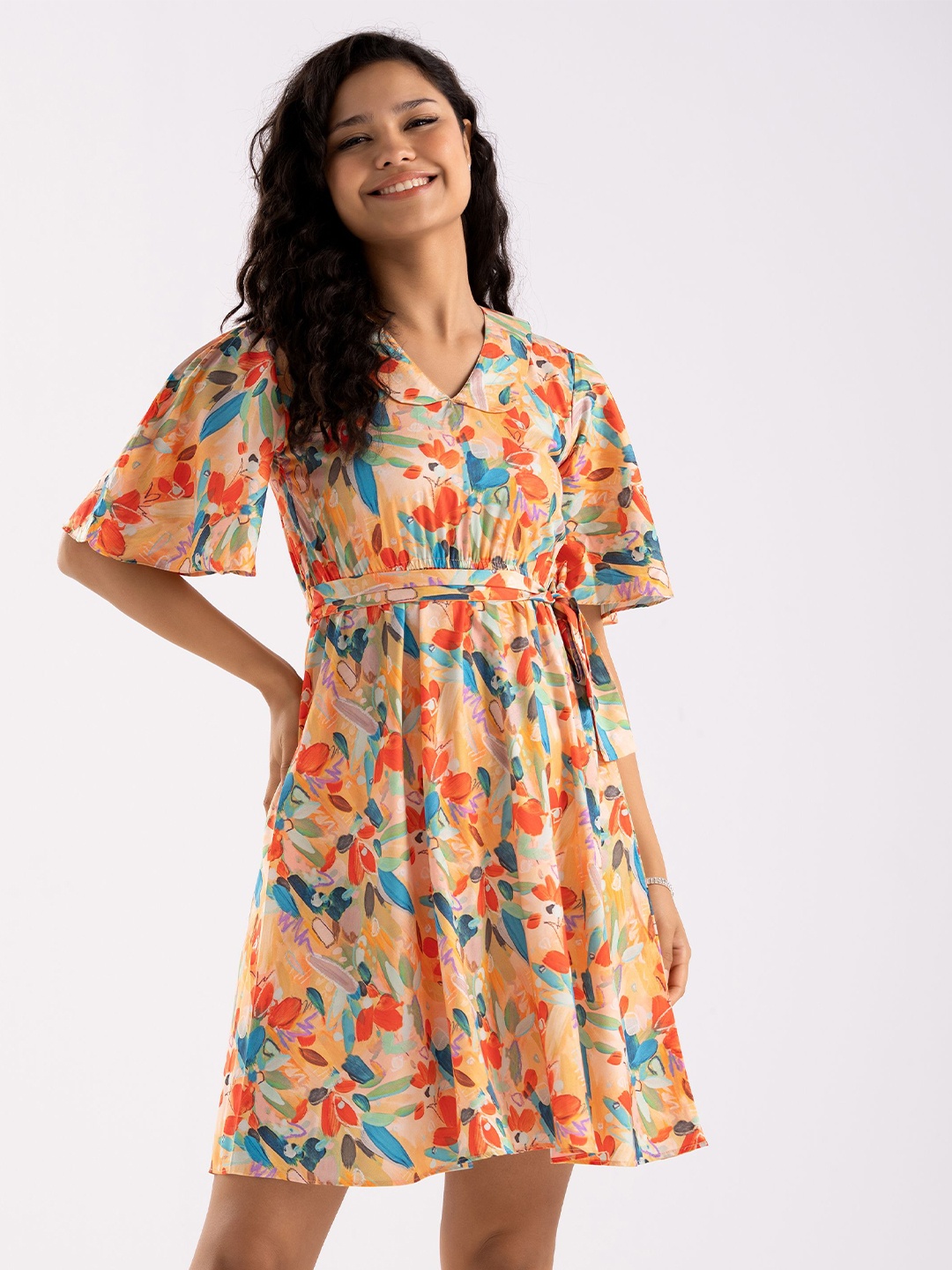

AASK Floral Printed Peter Pan Collar Flared Sleeve Crepe Fit & Flare Dress With Belt, Mustard