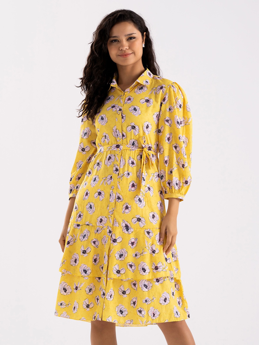 

AASK Floral Printed Crepe Layered Puff Sleeves Fit & Flare Dress With Belt, Yellow