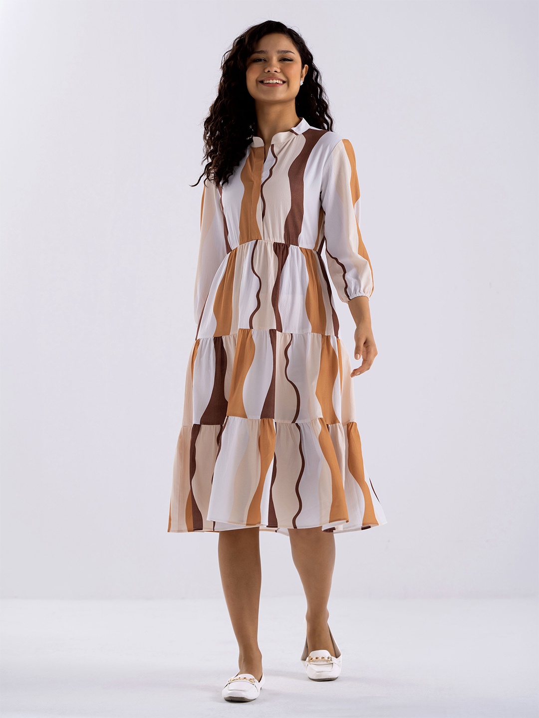 

AASK Abstract Printed Tiered Crepe Fit & Flare Midi Dress, Yellow
