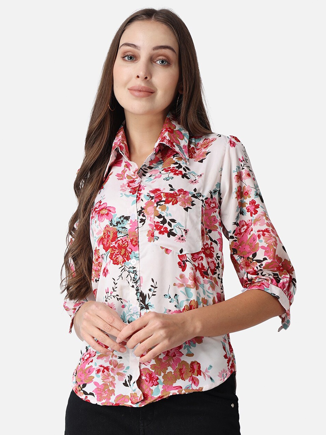 

SCORPIUS Floral Print Puff Sleeves Crepe Shirt Style Top, White