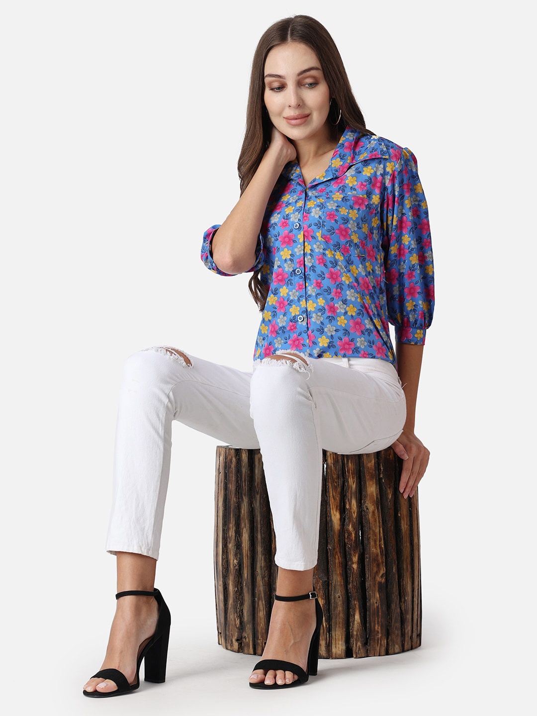 

SCORPIUS Floral Print Mandarin Collar Crepe Shirt Style Top, Blue