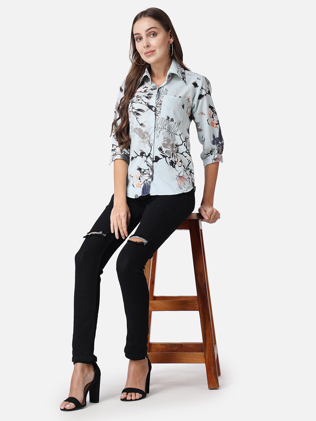 

SCORPIUS Floral Print Puff Sleeves Crepe Shirt Style Top, Blue