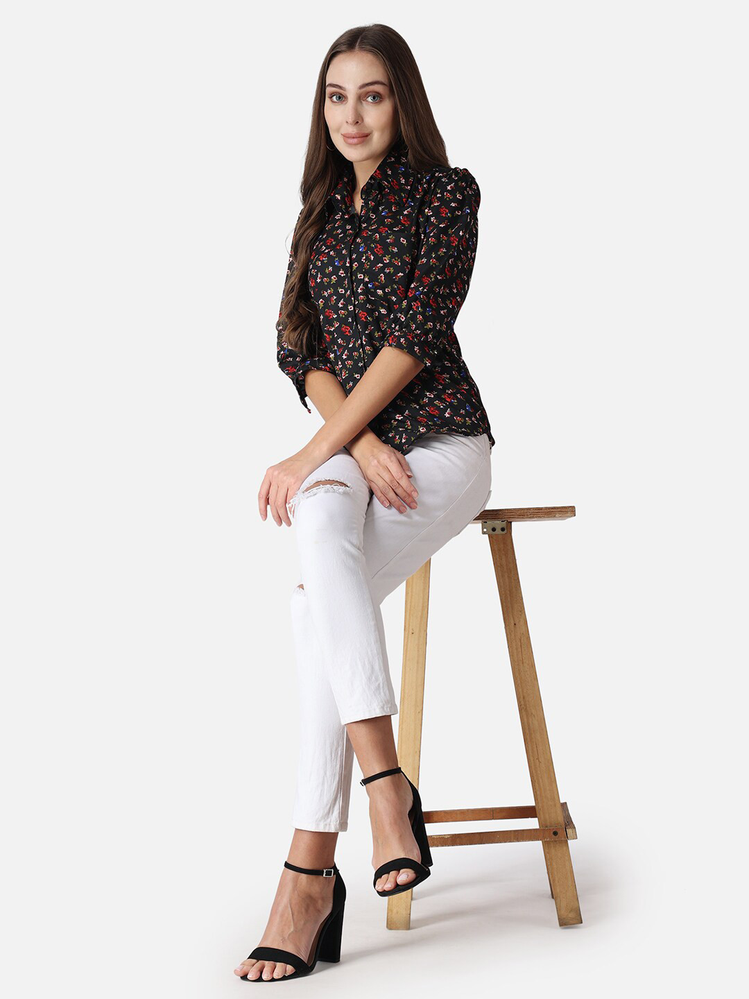 

SCORPIUS Floral Printed Shirt Style Top, Black
