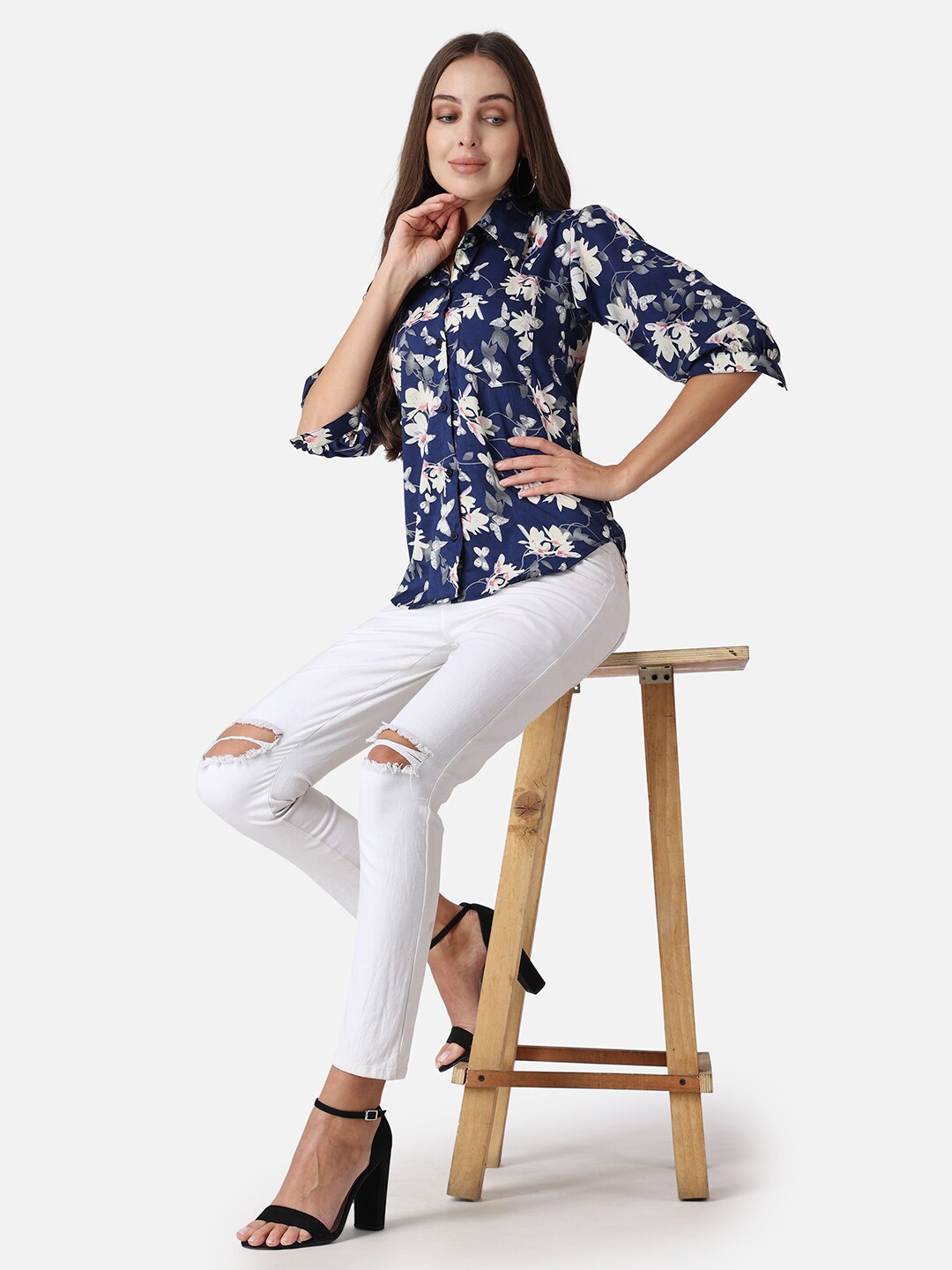 

SCORPIUS Floral Print Shirt Collar Cuff Sleeve Crepe Shirt Style Top, Navy blue