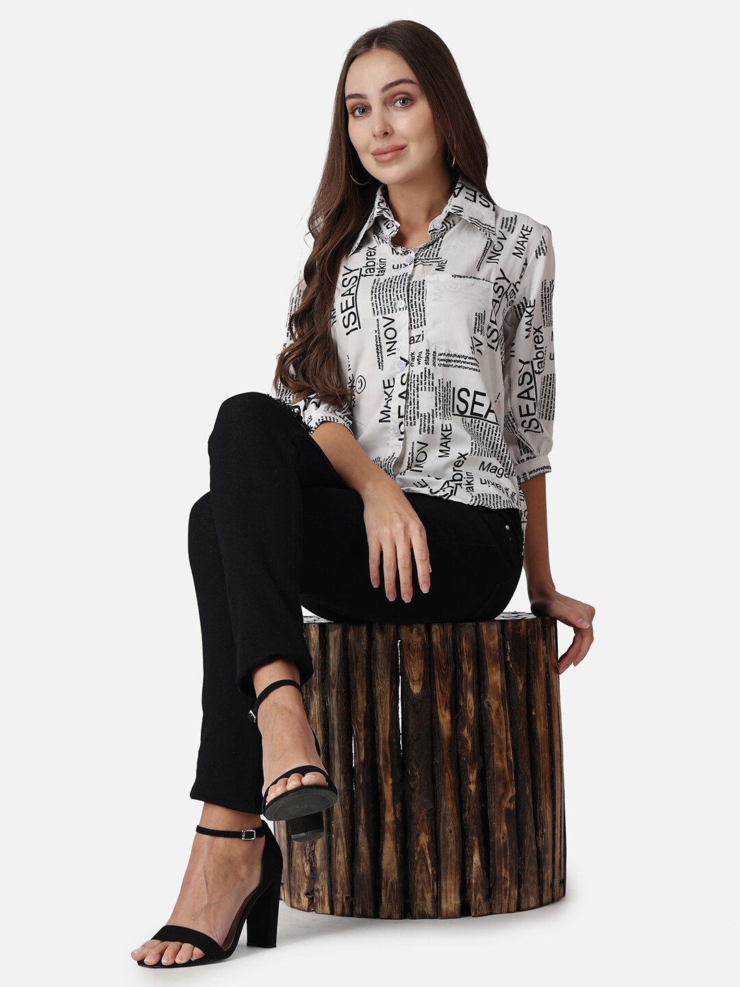 

SCORPIUS Typography Print Crepe Shirt Style Top, White