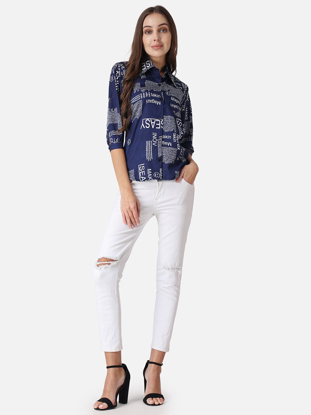 

SCORPIUS Typography Print Puff Sleeves Crepe Shirt Style Top, Navy blue