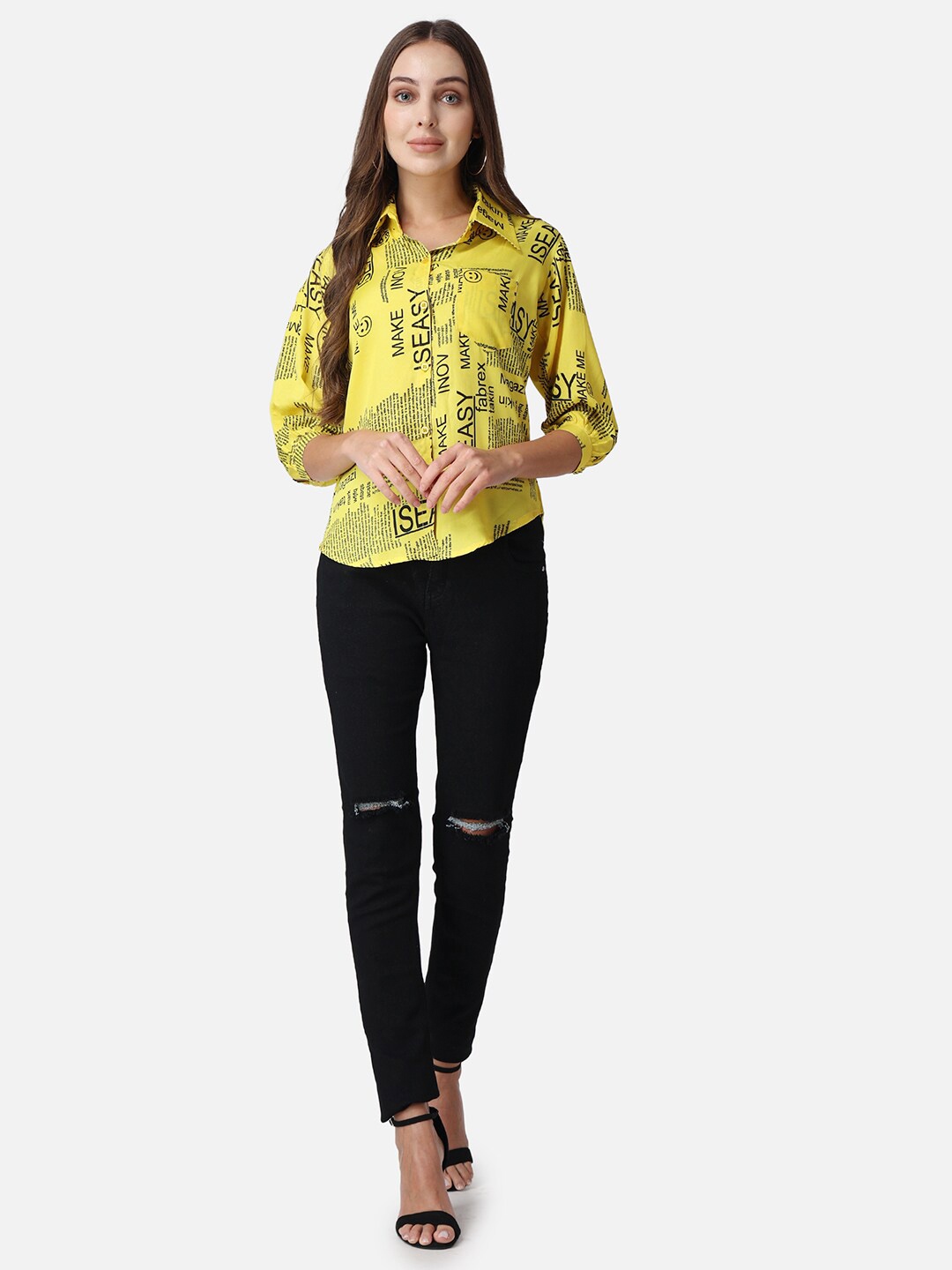 

SCORPIUS Typography Print Puff Sleeves Crepe Shirt Style Top, Yellow