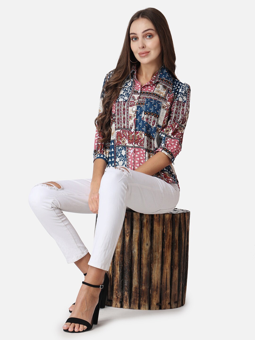 SCORPIUS Ethnic Print Crepe Shirt Style Top, Blue