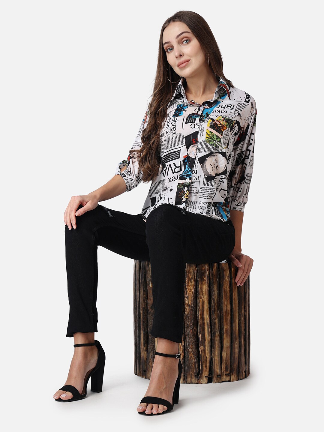 

SCORPIUS Typography Print Crepe Shirt Style Top, White