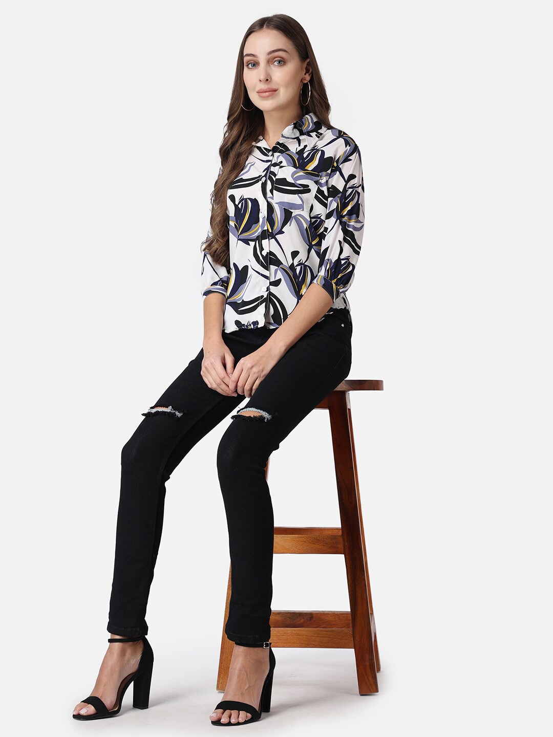 

SCORPIUS Abstract Printed Shirt Style Top, White
