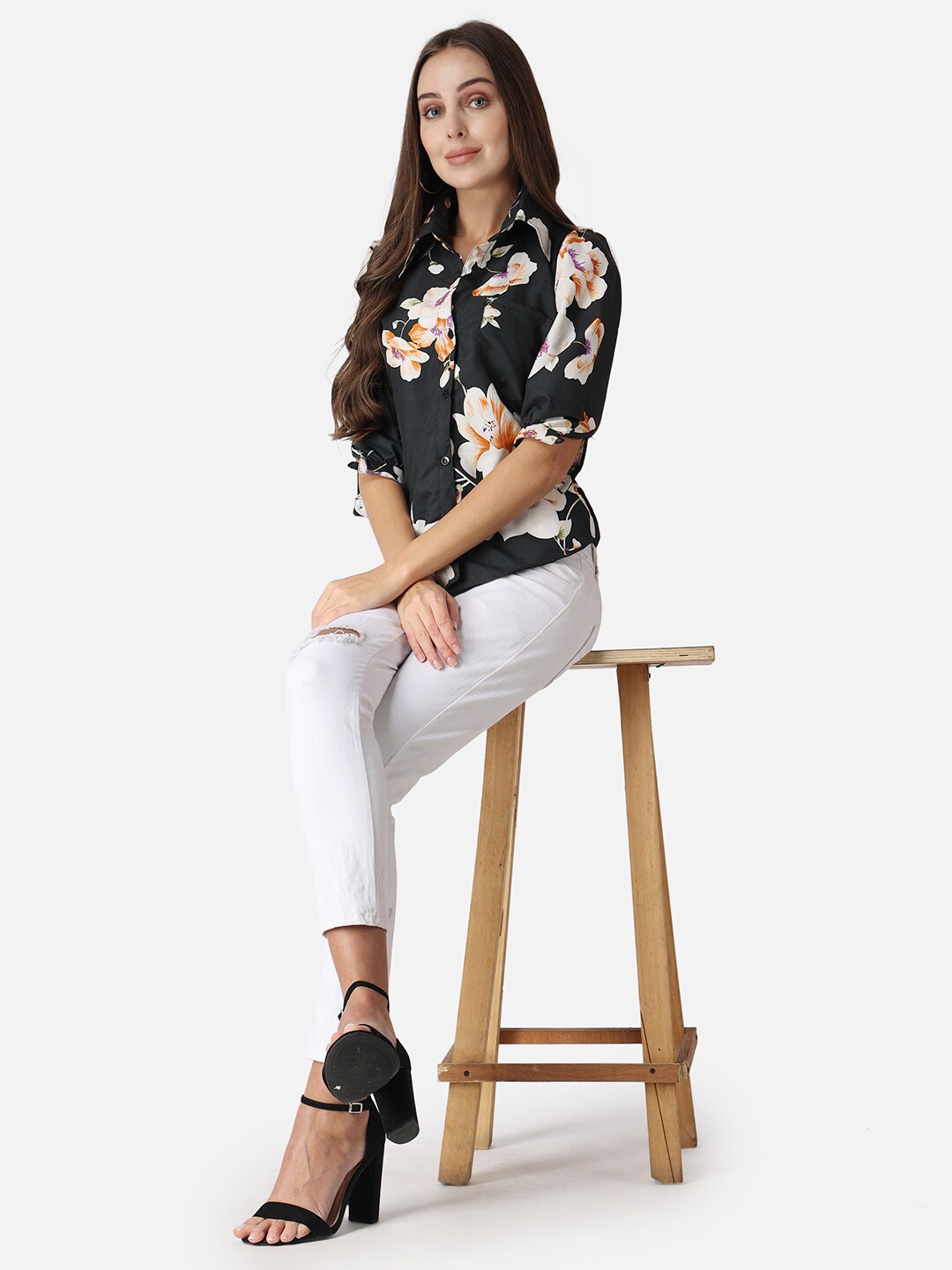 SCORPIUS Floral Print Crepe Shirt Style Top, Black