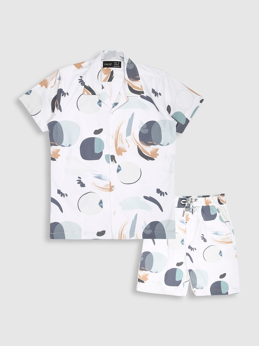 

CAVIO Boys Printed Shirt Collar Short Sleeves Pure Cotton Shirt with Short, White