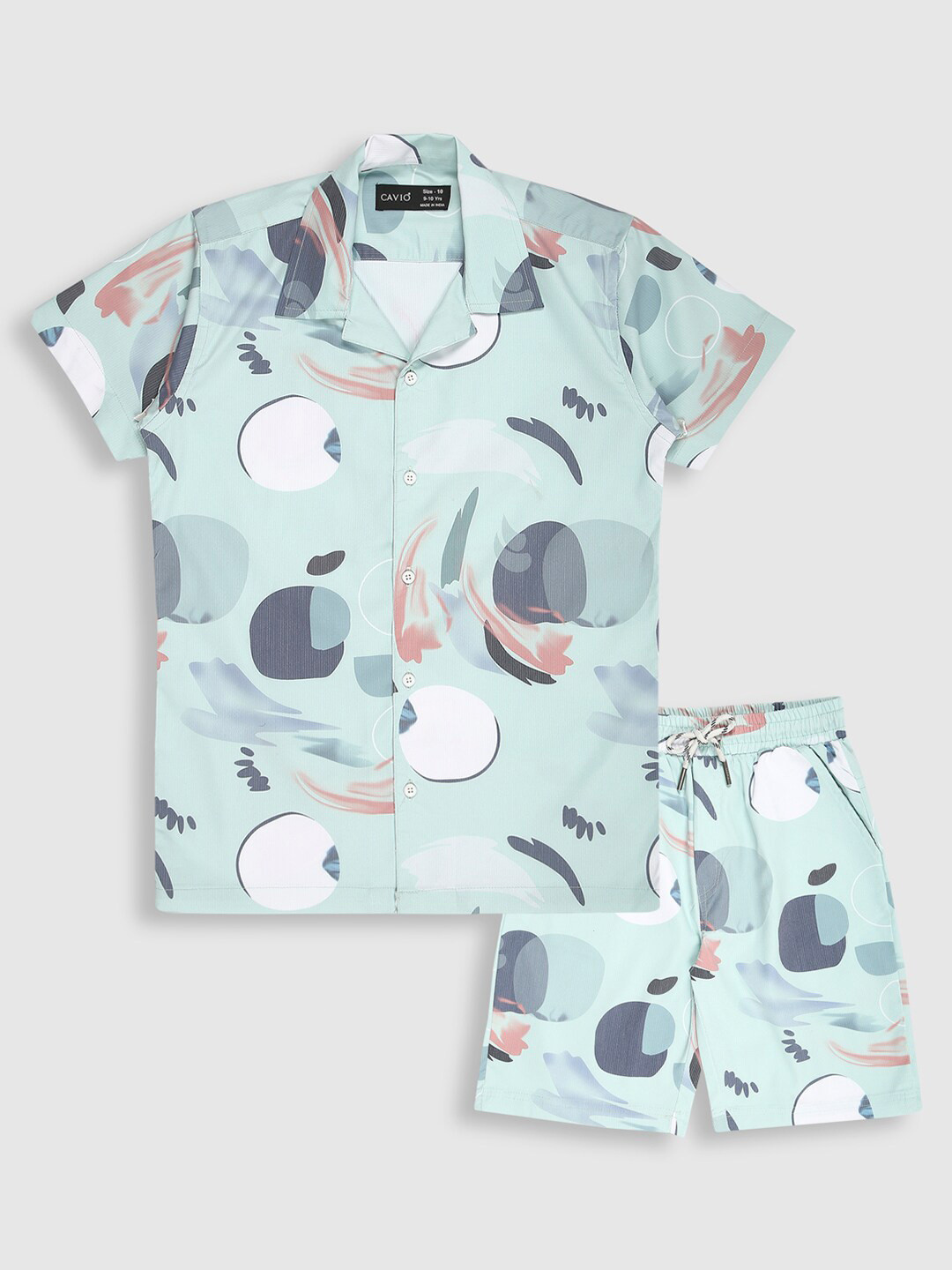 

CAVIO Boys Printed Shirt Collar Short Sleeves Pure Cotton with Short, Green