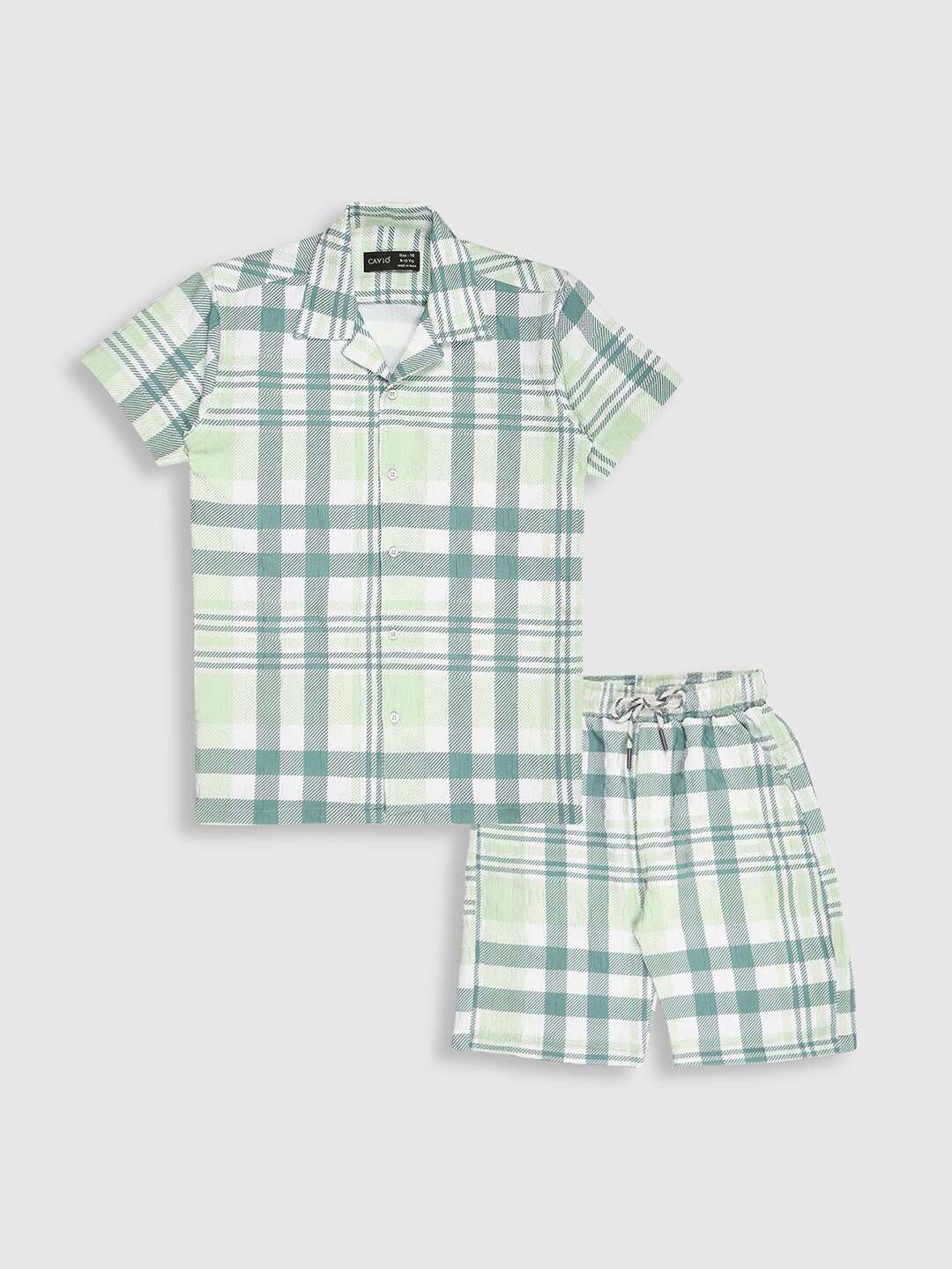 

CAVIO Boys Checked Shirt Collar Short Sleeves Pure Cotton Shirt with Shorts, Green