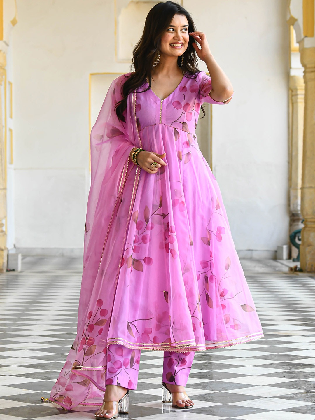 

KALINI Floral Printed V-Neck Anarkali Organza Kurta with Trousers & Dupatta, Pink