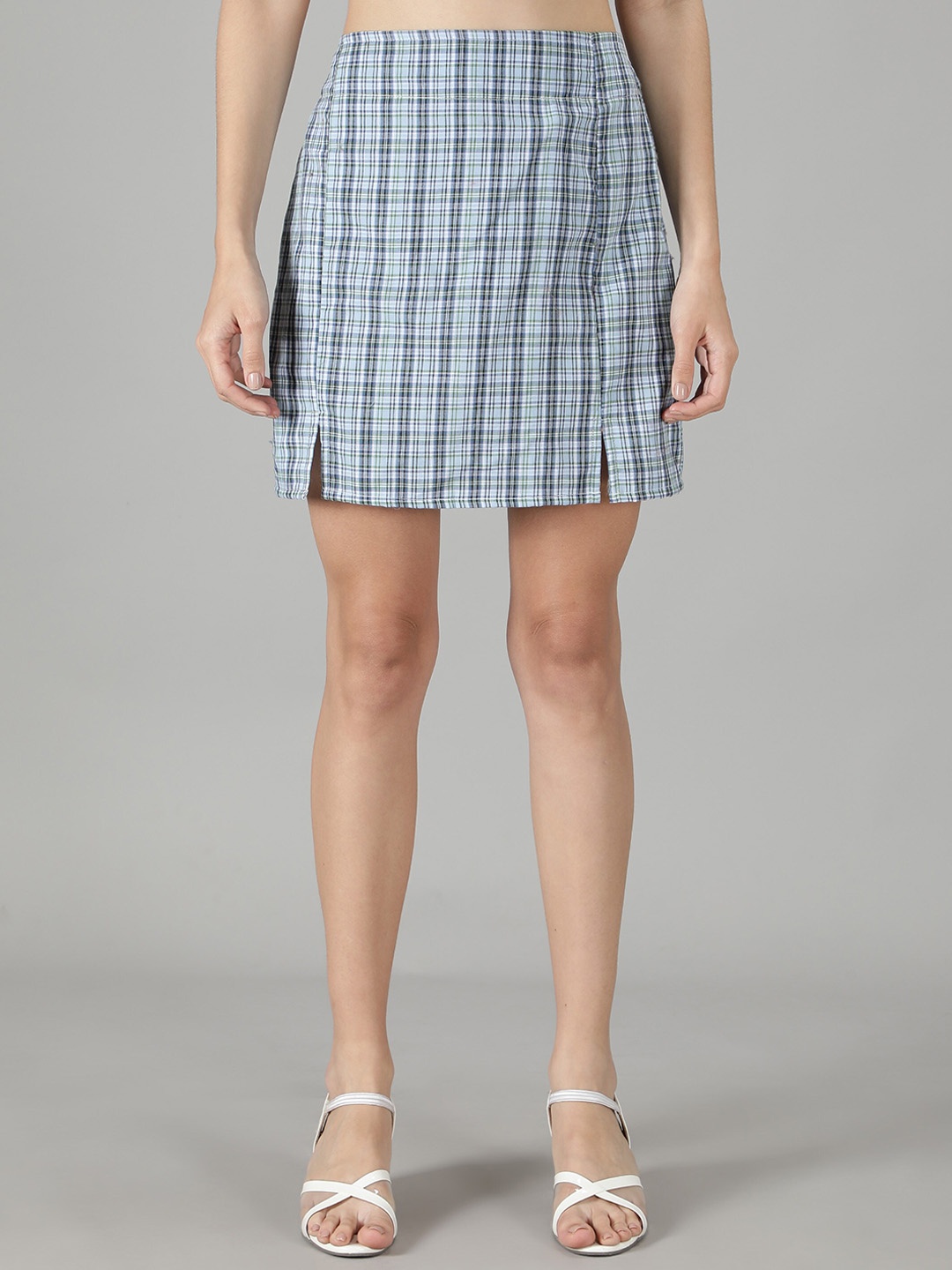 

smisingbee Checked Cotton Straight Skirt, Blue