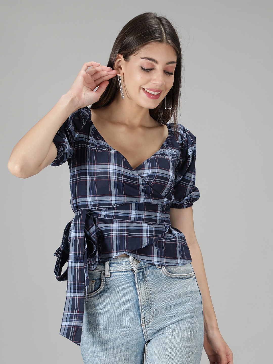 

smisingbee Checked Cotton Wrap Top, Navy blue