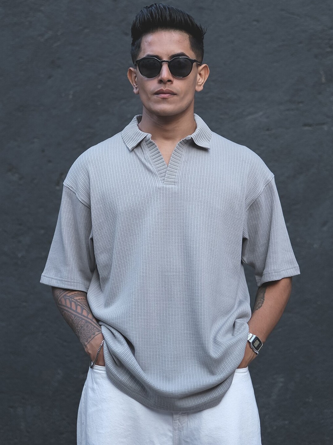 

Powerlook Colourblocked Polo Collar Cotton T-shirt, Grey