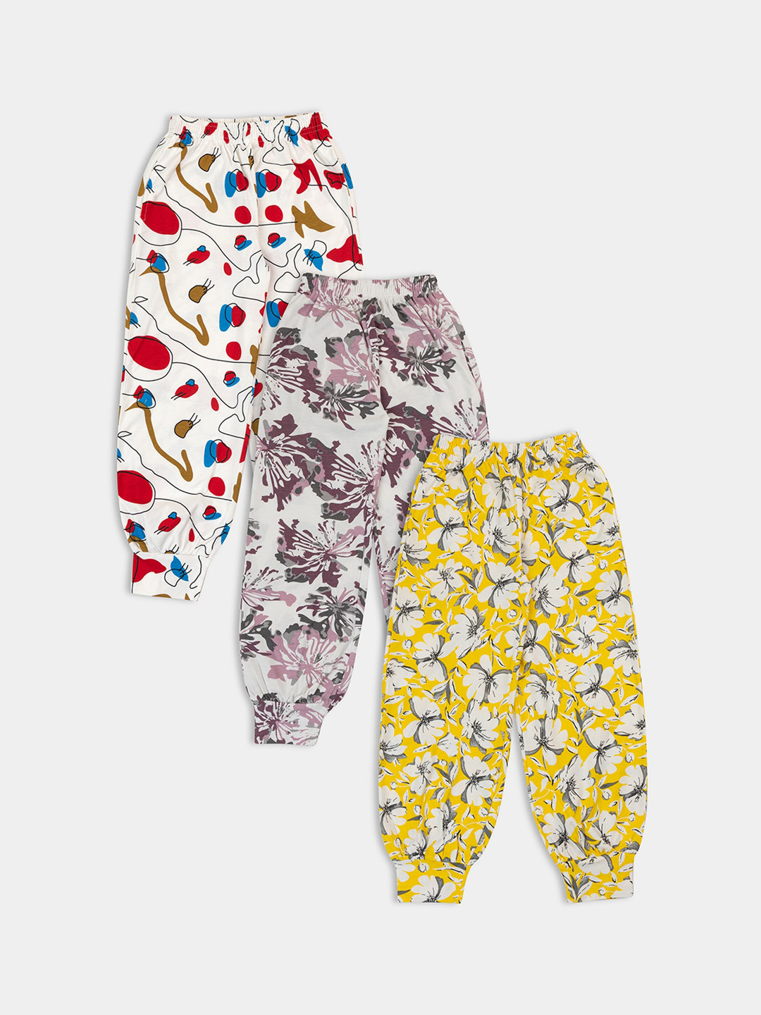 

PAMPOLINA Girls Pack Of 3 Printed Cotton Joggers, Yellow