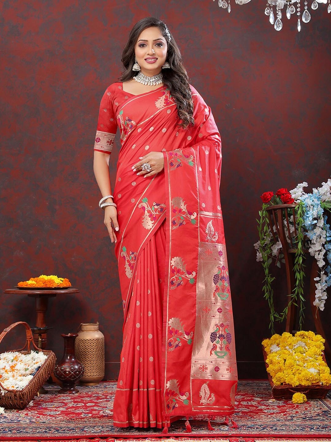 

MARGI DESIGNERS Ethnic Motifs Woven Design Zari Art Silk Paithani Saree, Red
