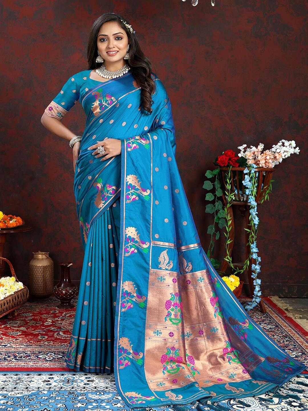 

MARGI DESIGNERS Ethnic Motifs Woven Design Zari Art Silk Paithani Saree, Blue