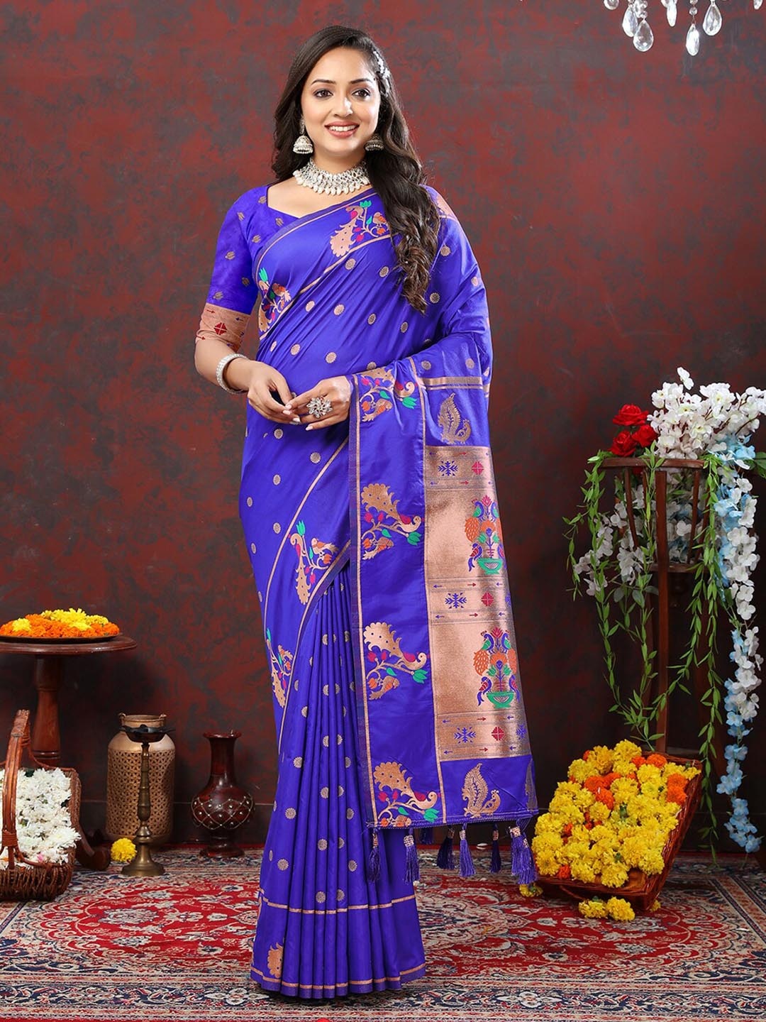 

MARGI DESIGNERS Ethnic Motifs Woven Design Zari Art Silk Paithani Saree, Blue