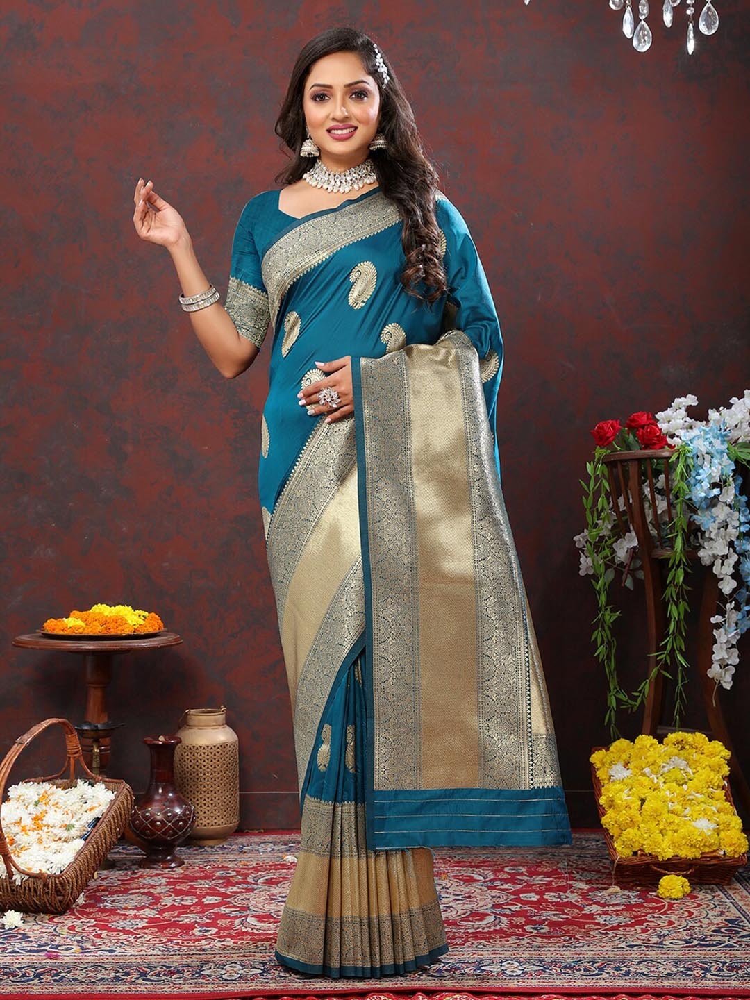 

MARGI DESIGNERS Woven Design Zari Banarasi Saree, Sea green