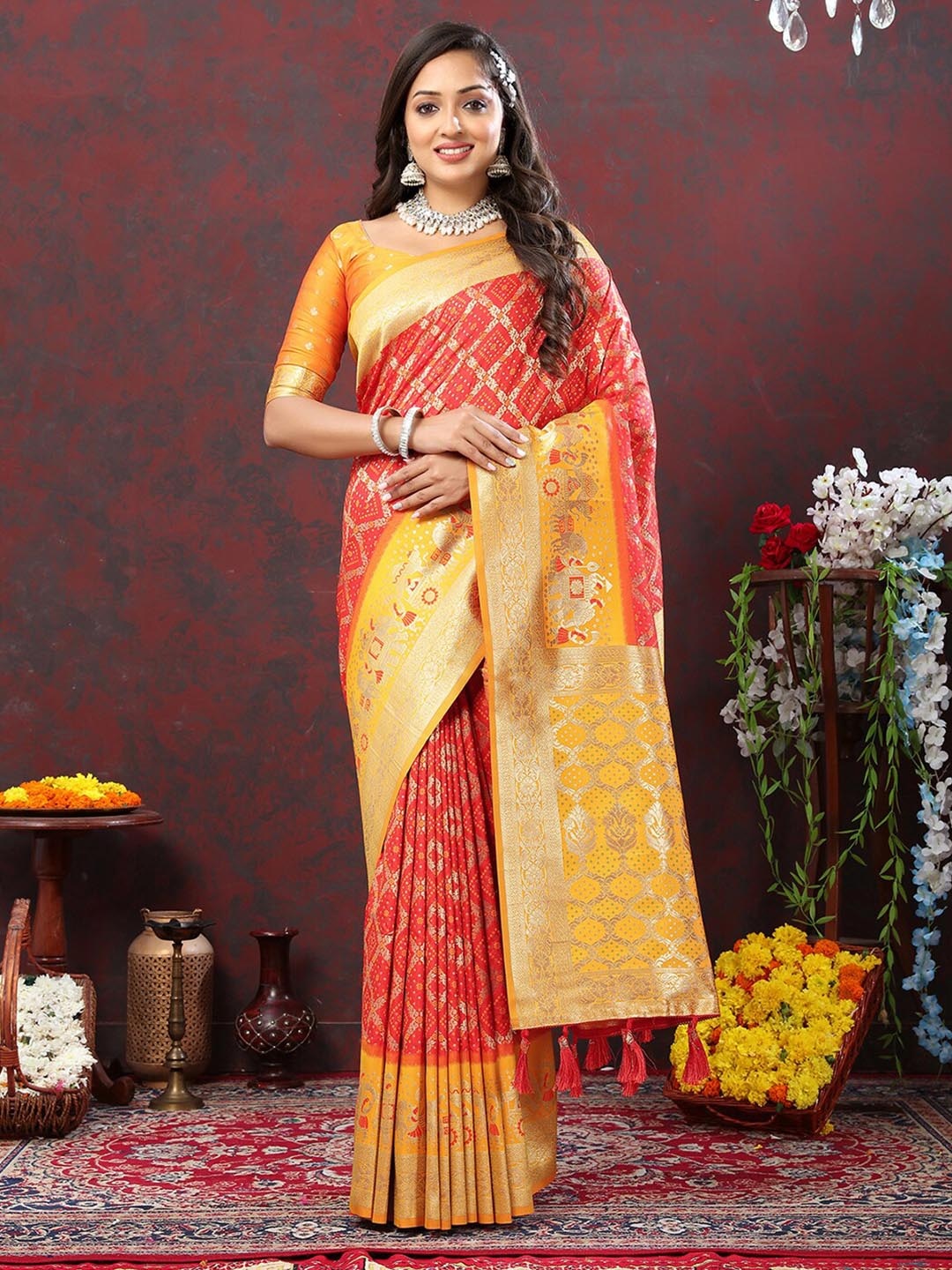 

MARGI DESIGNERS Woven Design Zari Patola Saree, Orange