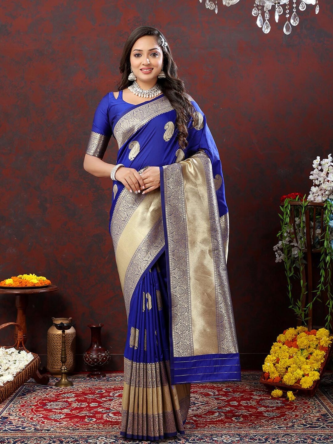 

MARGI DESIGNERS Woven Design Zari Banarasi Saree, Blue