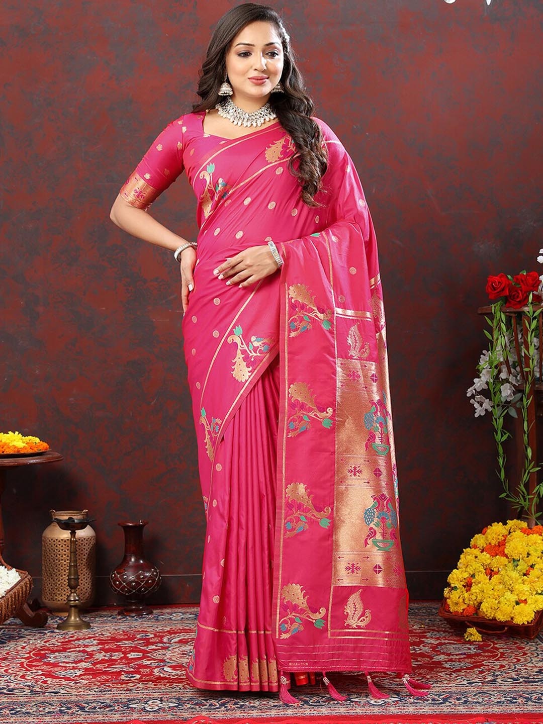 

MARGI DESIGNERS Ethnic Motifs Woven Design Zari Art Silk Paithani Saree, Pink