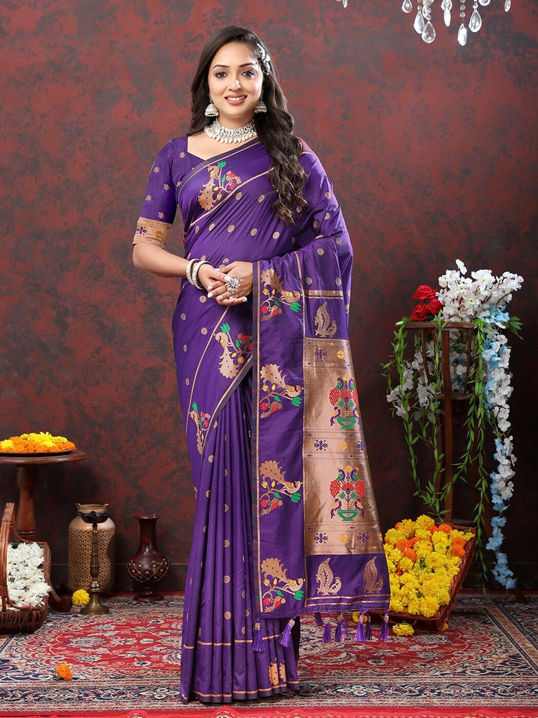 

MARGI DESIGNERS Ethnic Motifs Woven Design Zari Art Silk Paithani Saree, Purple