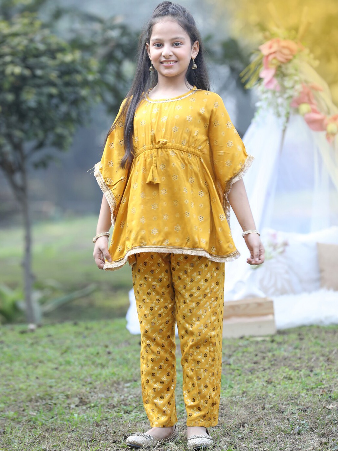 

Cutiekins Girls Floral Printed Kaftan Gotta Patti Kurta with Trousers, Mustard