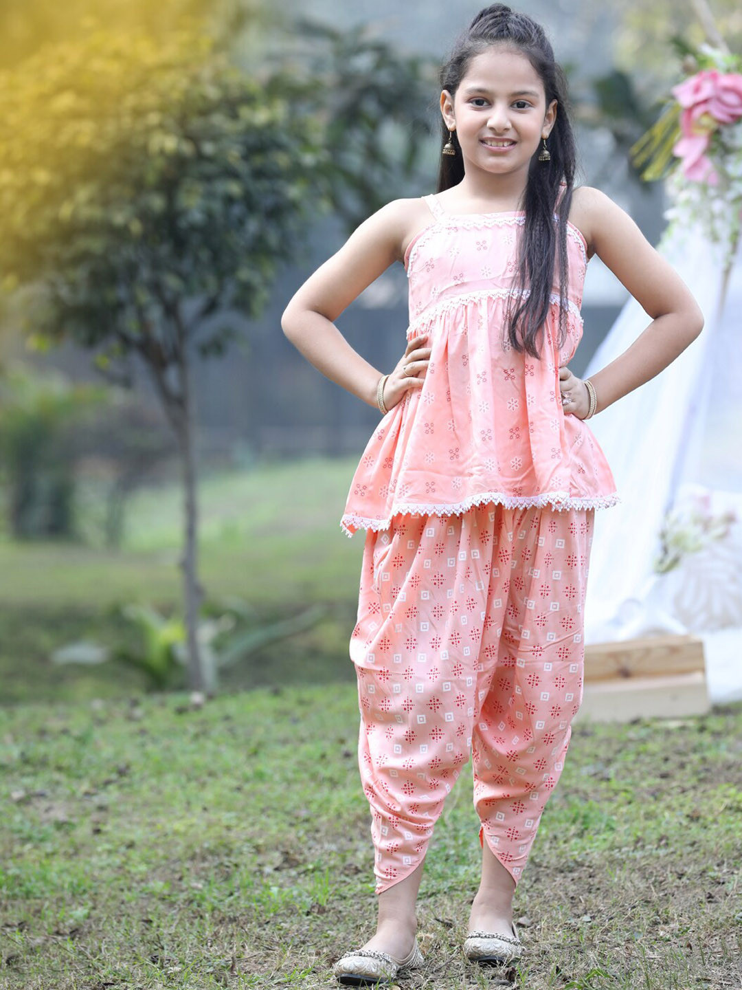 

Cutiekins Girls Floral Printed Gotta Patti A-Line Kurta with Dhoti Pants, Peach