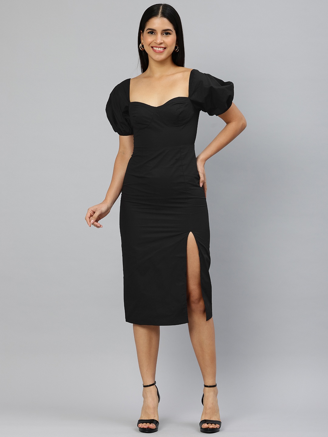 

London Rag Puff Sleeves Sweetheart Neck Sheath Midi Dress, Black