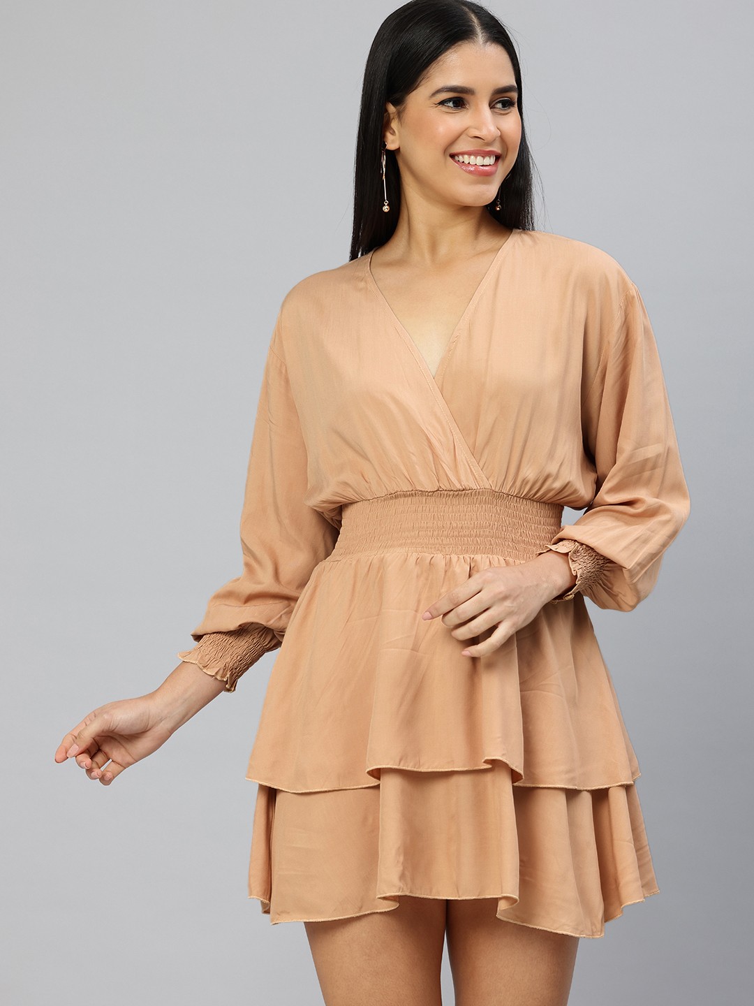 

London Rag Solid Bishop Sleeve Layered Fit & Flare Mini Dress, Beige