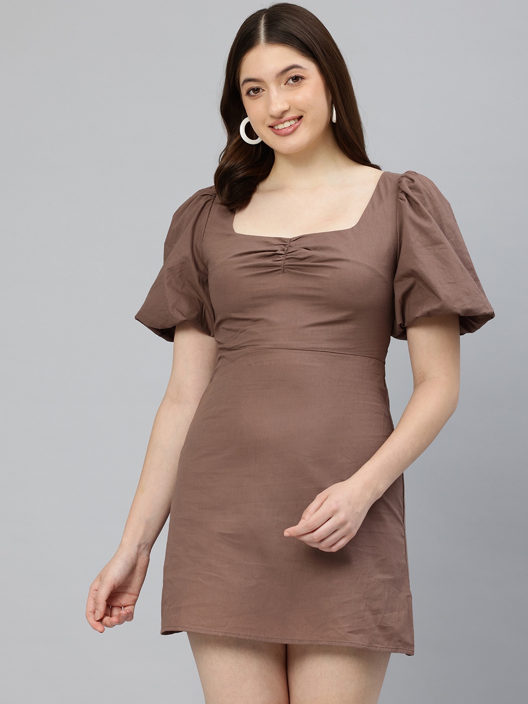 

London Rag Puff Sleeves Square Neck A-Line Mini Dress, Brown